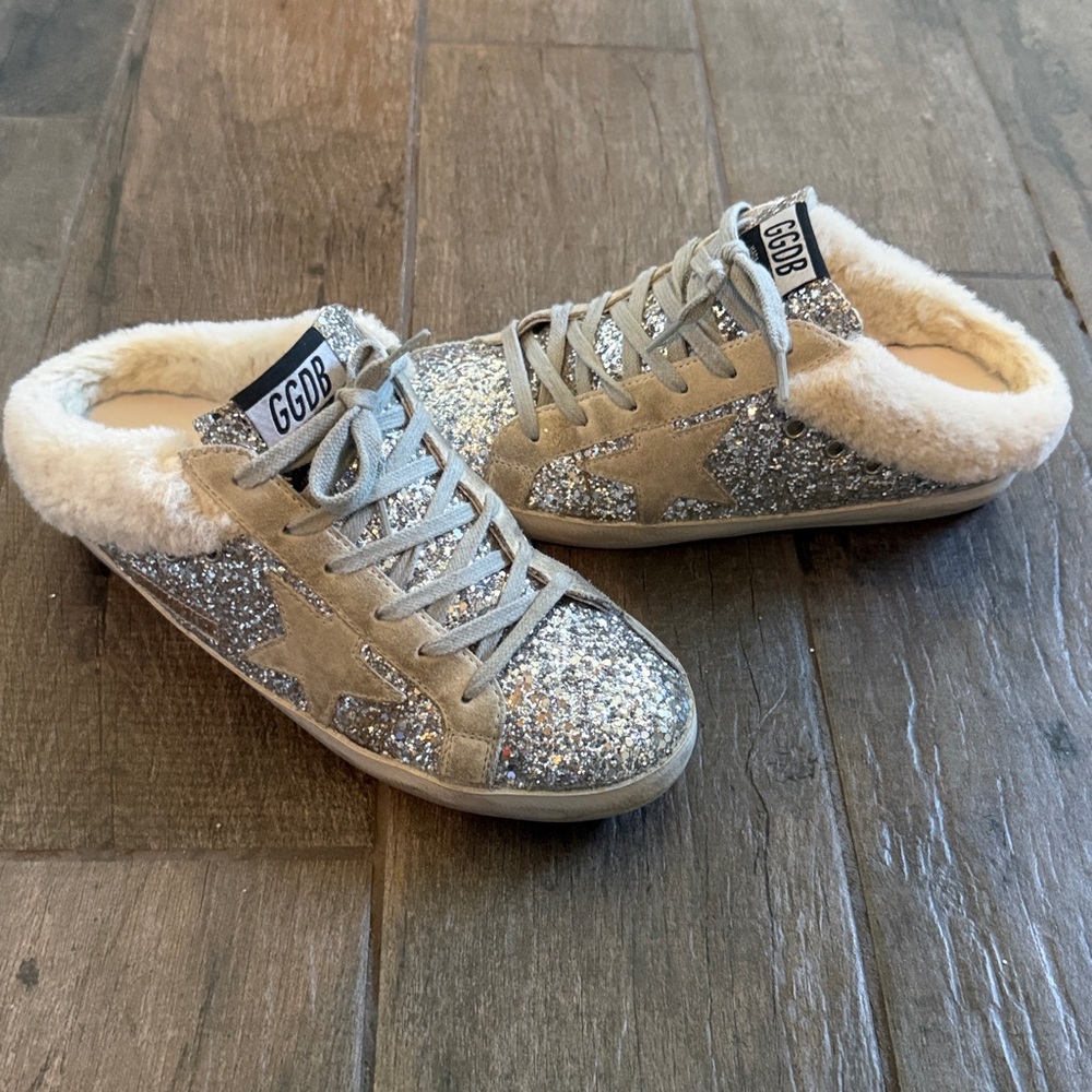 Golden Goose Shearling Glitter Slide Sneakers